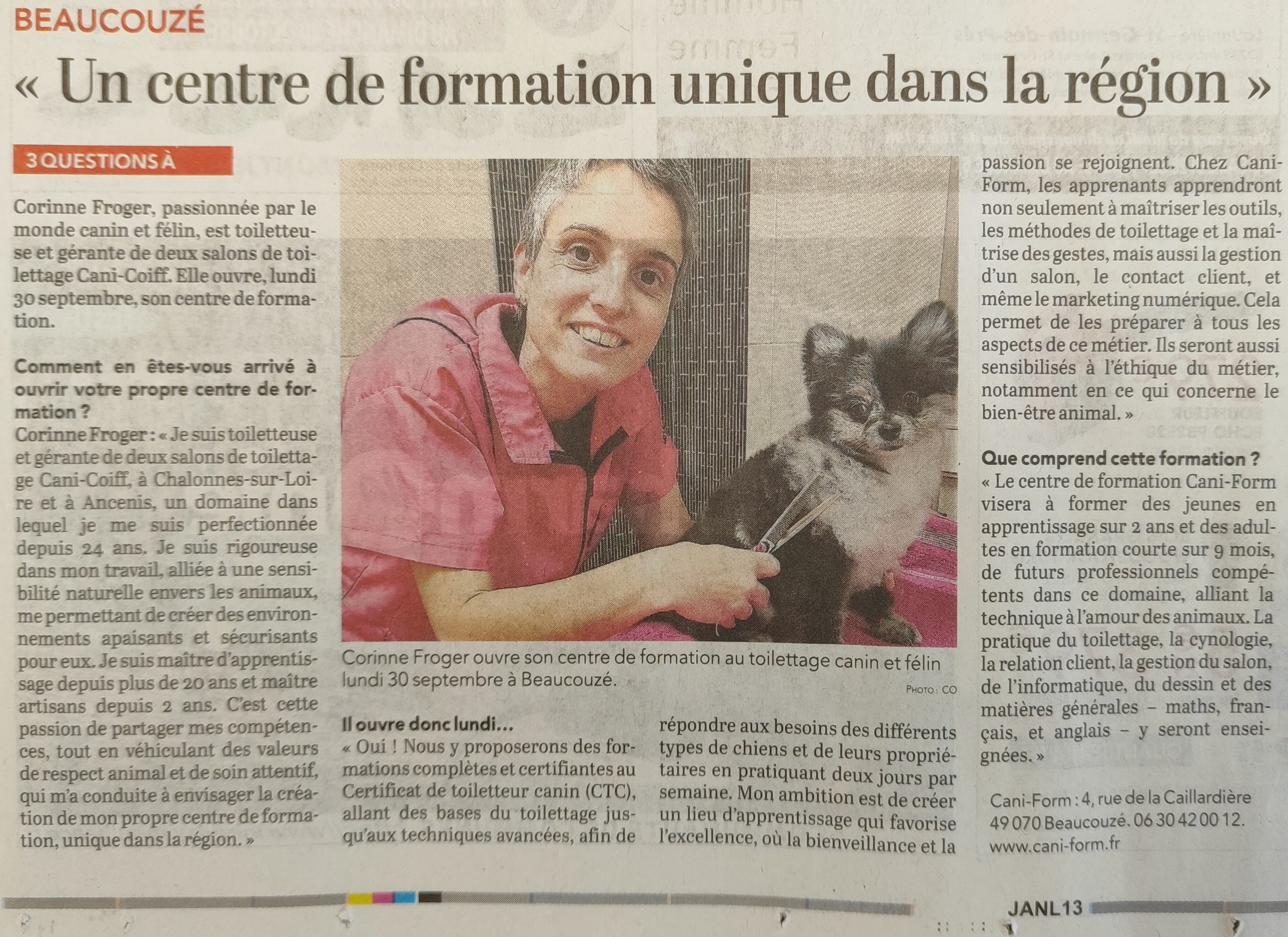 Article Ouest-France pour l'ouverture du Centre en septembre 2024